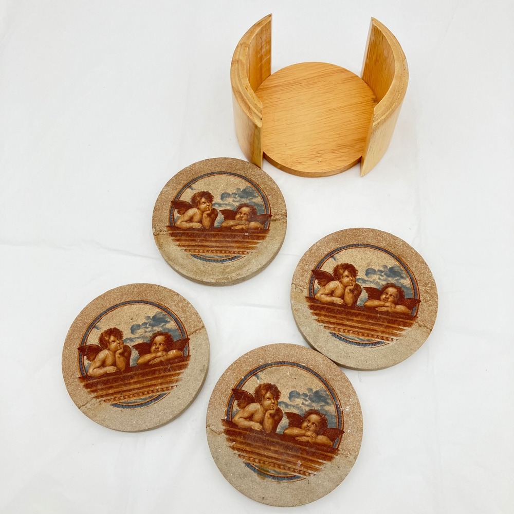 Kamenstein Coaster Set Raphael Cherubs 4pc Tan Stone Wood Holder